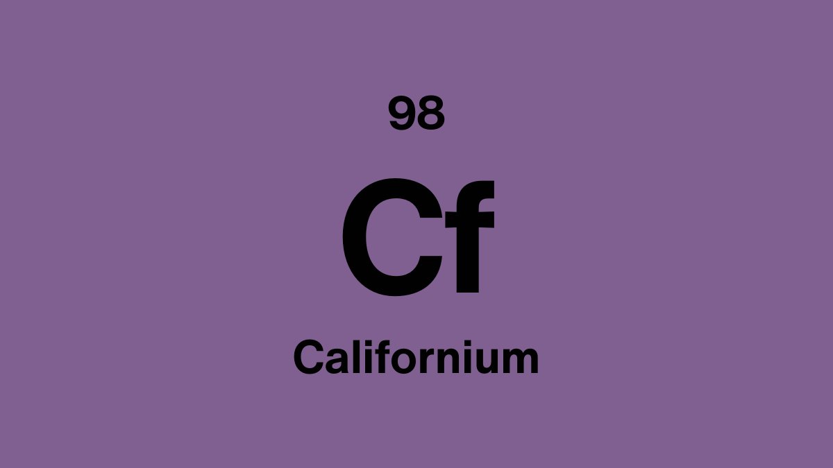 Californium element symbol Cf, atomic number 98, on a purple periodic table tile