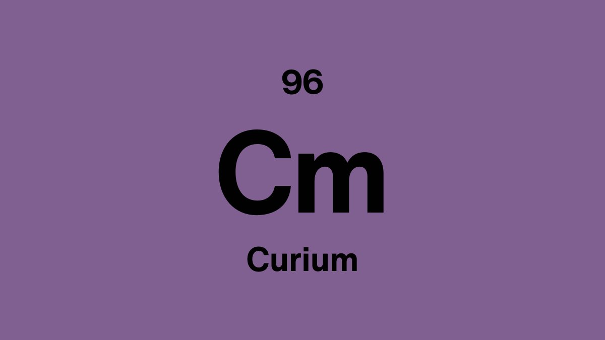 Curium element symbol Cm, atomic number 96, on a purple periodic table tile