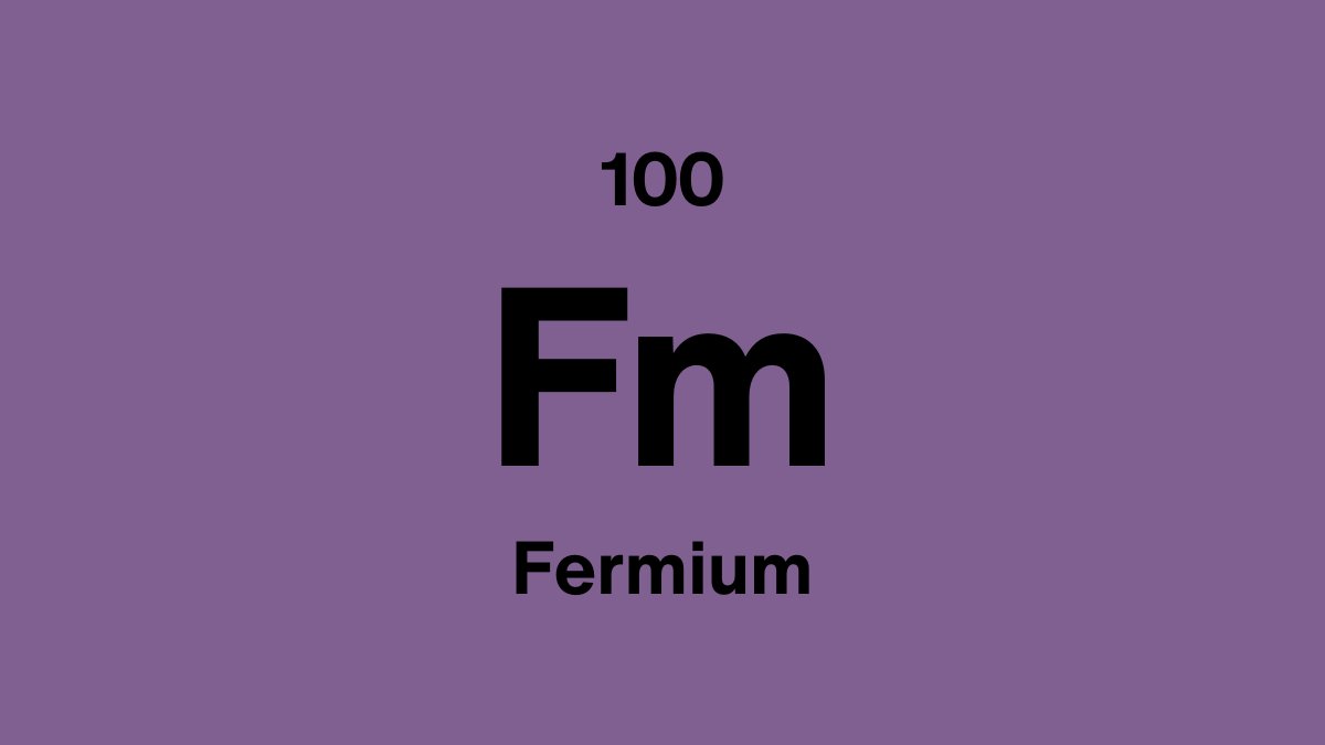 Fermium element symbol Fm, atomic number 100, on a purple periodic table tile