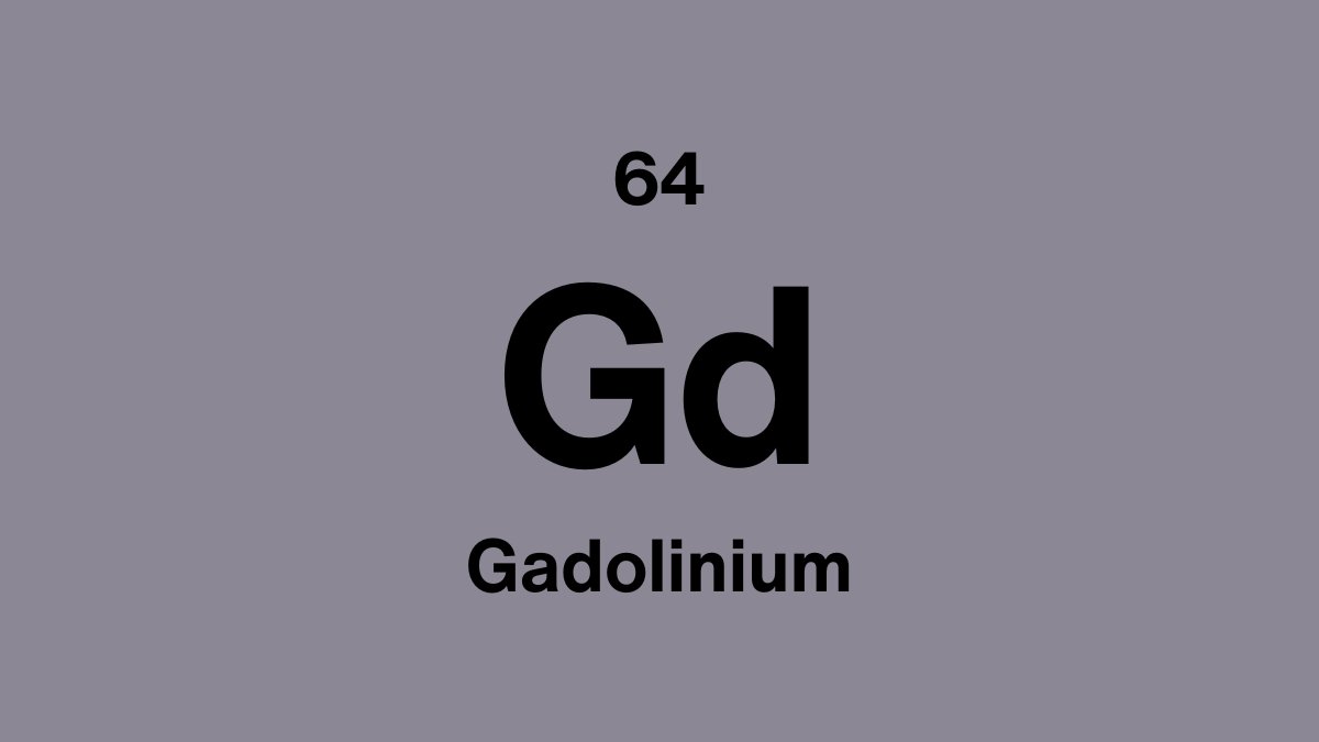 Gadolinium element symbol Gd, atomic number 64, on a lavender periodic table tile