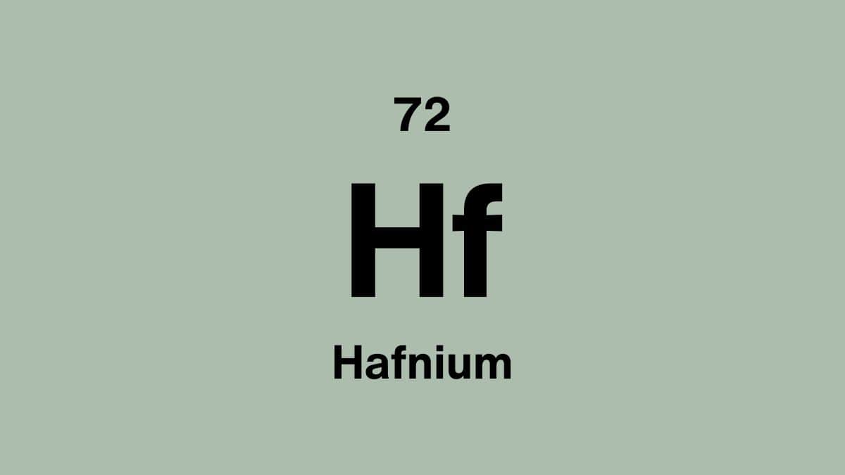 Hafnium element symbol Hf, atomic number 72, on a sage green periodic table tile