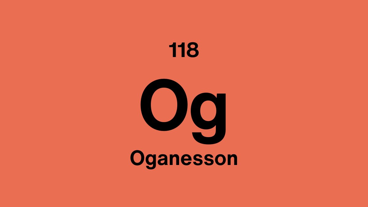 Oganesson element symbol Og, atomic number 118, on a coral periodic table tile
