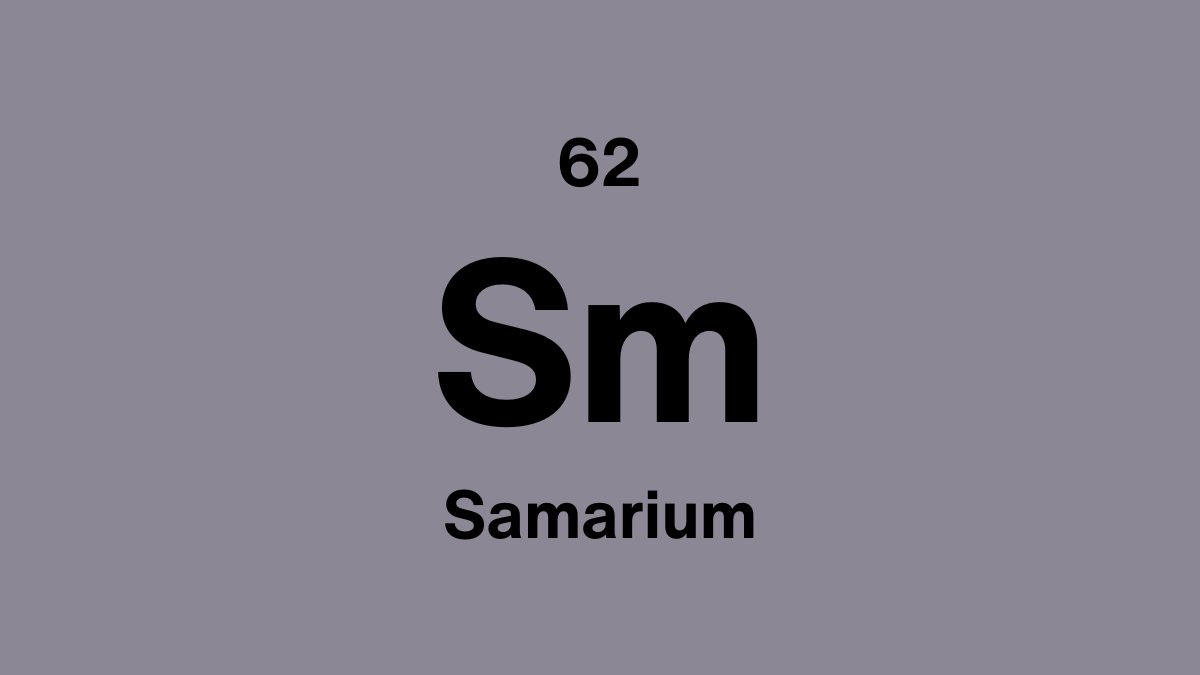 Samarium element symbol Sm, atomic number 62, on a lavender periodic table tile