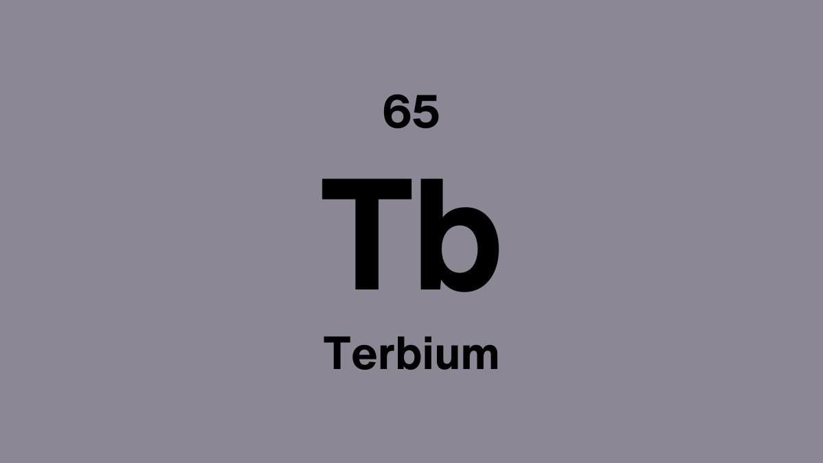 Terbium element symbol Tb, atomic number 65, on a lavender periodic table tile