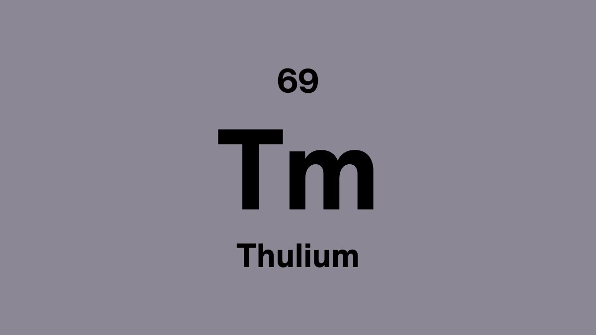 Thulium element symbol Tm, atomic number 69, on a lavender periodic table tile